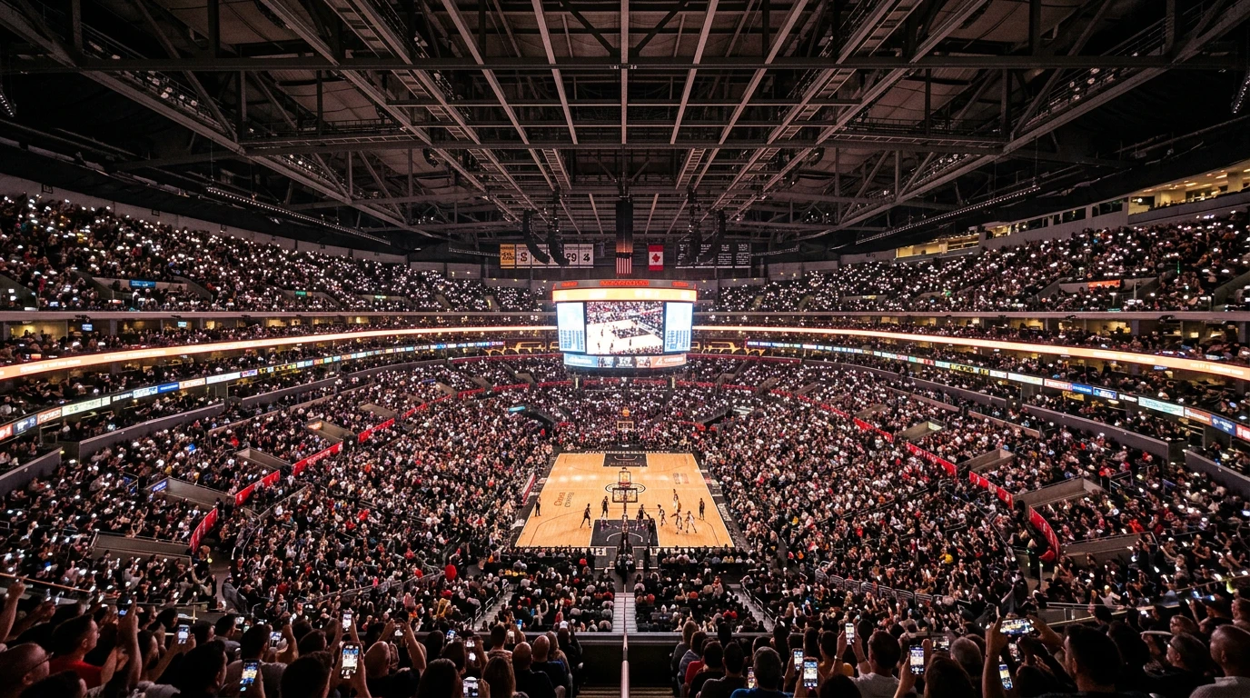 Estadio de la NBA lleno de aficionados mostrando la audiencia global del baloncesto profesional